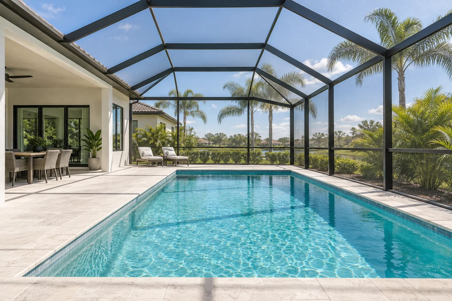Illustration of a bright Florida pool beneath a charcoal aluminum screen enclosure